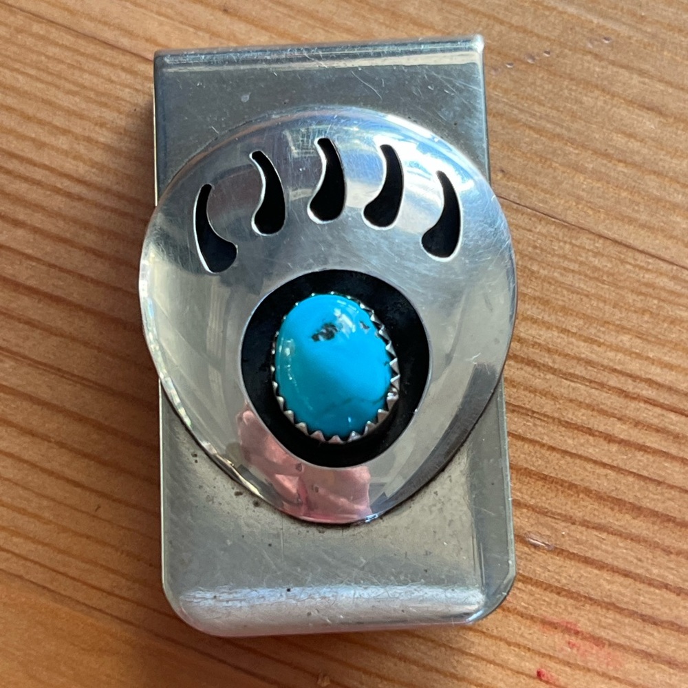 Navajo Native American handmade sterling Silver Turquoise Bear Claw Money-clip!